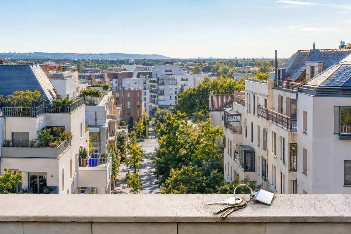 Quartier résidentiel observé depuis une terrasse avec des clés au premier plan