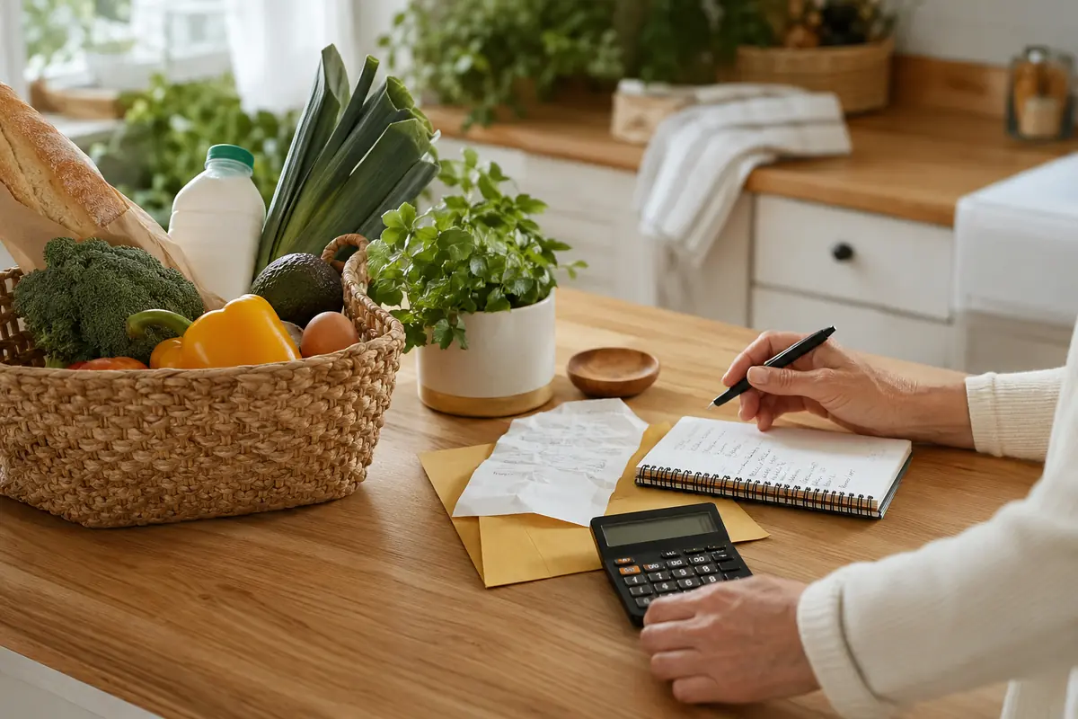 Budget du foyer préparé avec courses, calculatrice et carnet